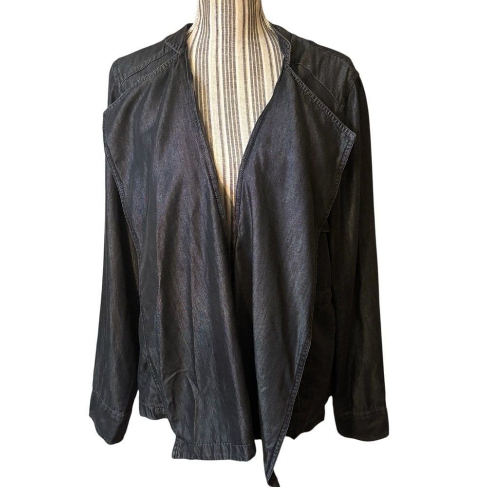 NEW Boutique* Jacket Size 0X Denim Chambray Jacket Blue Black Open Drape Blazer